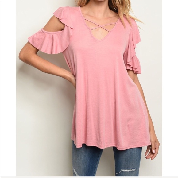 CY Tops - COLD SHOULDER RUFFLE SLEEVE LONGER STYLE TOP